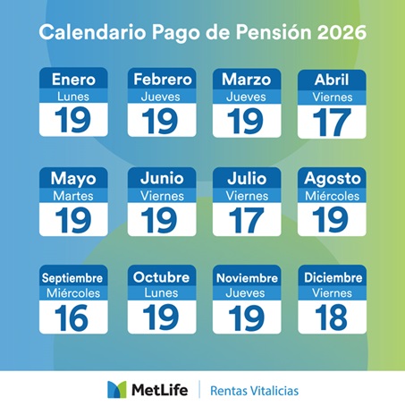 Calendario anual con las fechas de los pagos de pensiones