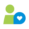 Ícono de una persona verde con un globo circular azul con un corazón blanco