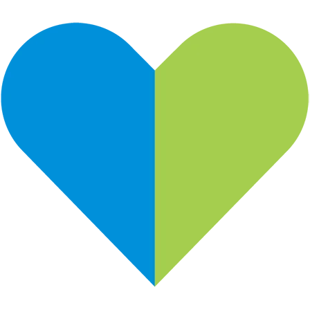 Ícono de corazón con lado izquierdo de color verde y al lado derecho de color azul 