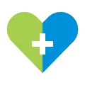 Ícono de corazón con lado izquierdo de color verde, lado derecho de color azul y al centro una cruz de color blanca 